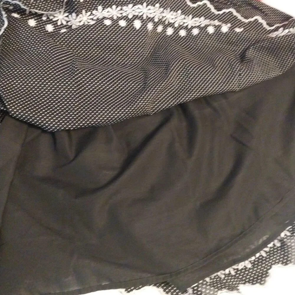 Sag Harbor 3X Black Polka Dot Cotton Midi Skirt Elastic Waist Floral Hem Boho